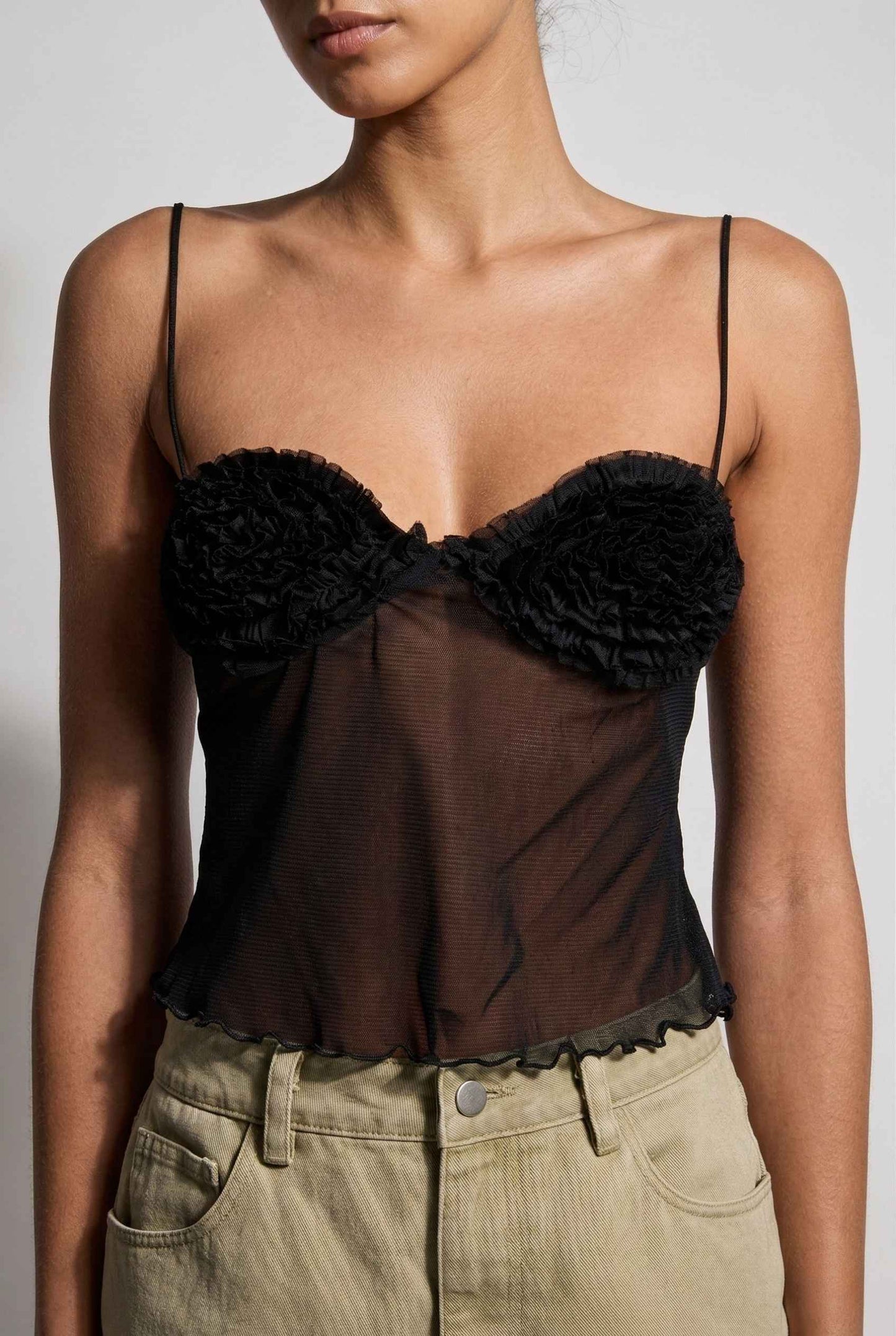 Elara Top Black Sheer Mesh Camisole with 3D Floral Cups worn by a model on a plain background