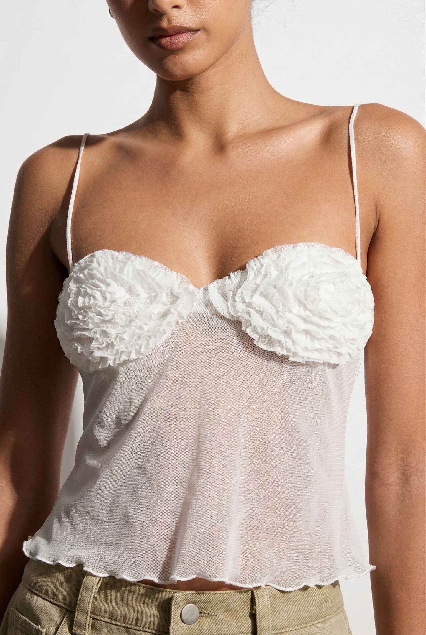 Elara Top White Sheer Mesh Camisole with 3D Floral Cups worn by a person on a plain background