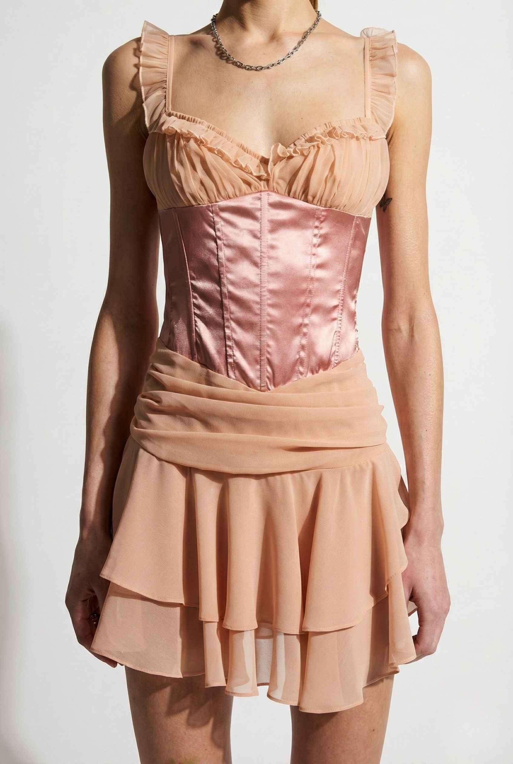 Elodie Mini Pink Satin & Mesh Ruffle Bustier Dress on a white background