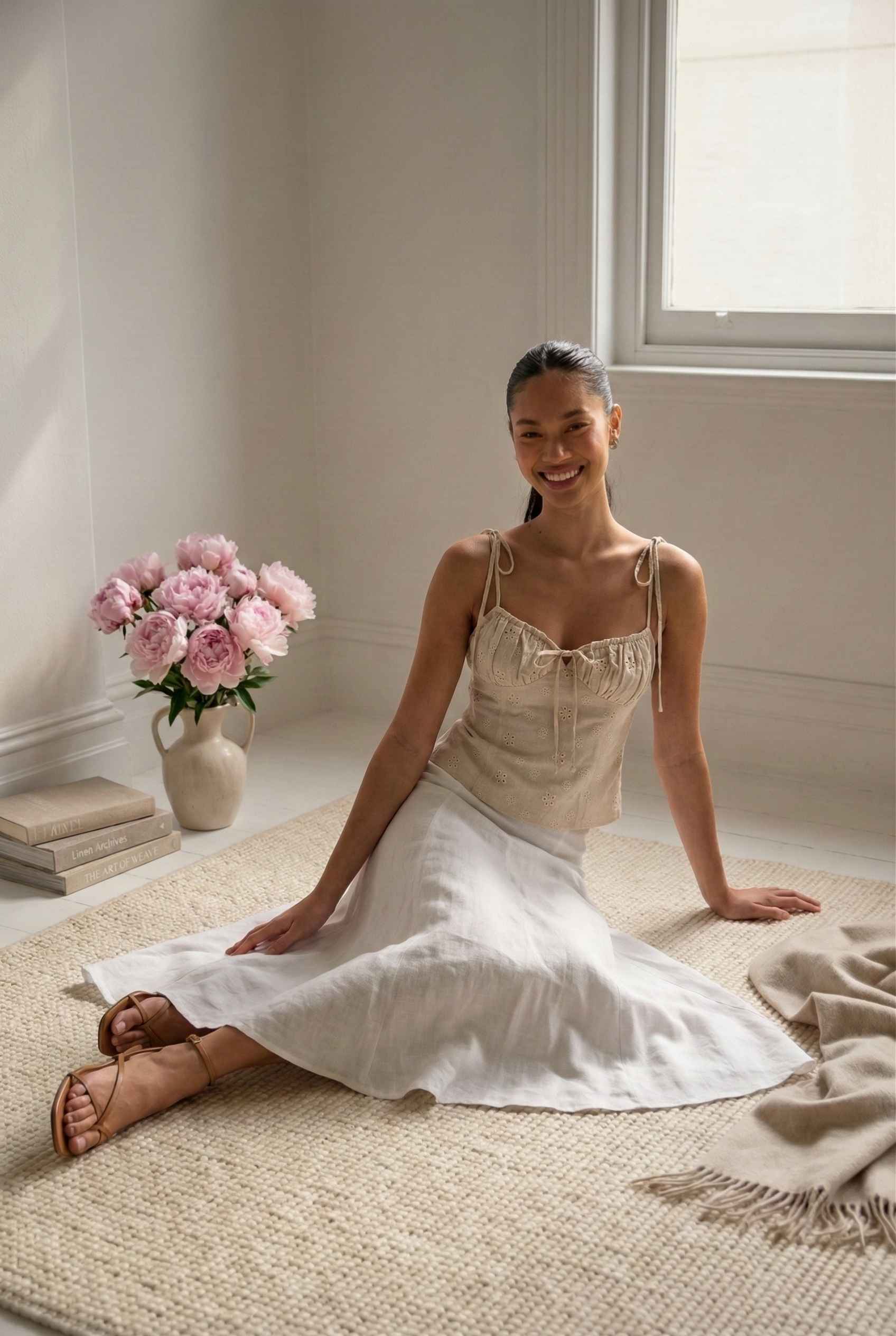 Woman wearing a Elodie Top Ivory Floral Embroidered Tie-Strap Corset Top sitting on a carpeted floor in a room with a vase of pink flowers and a window.