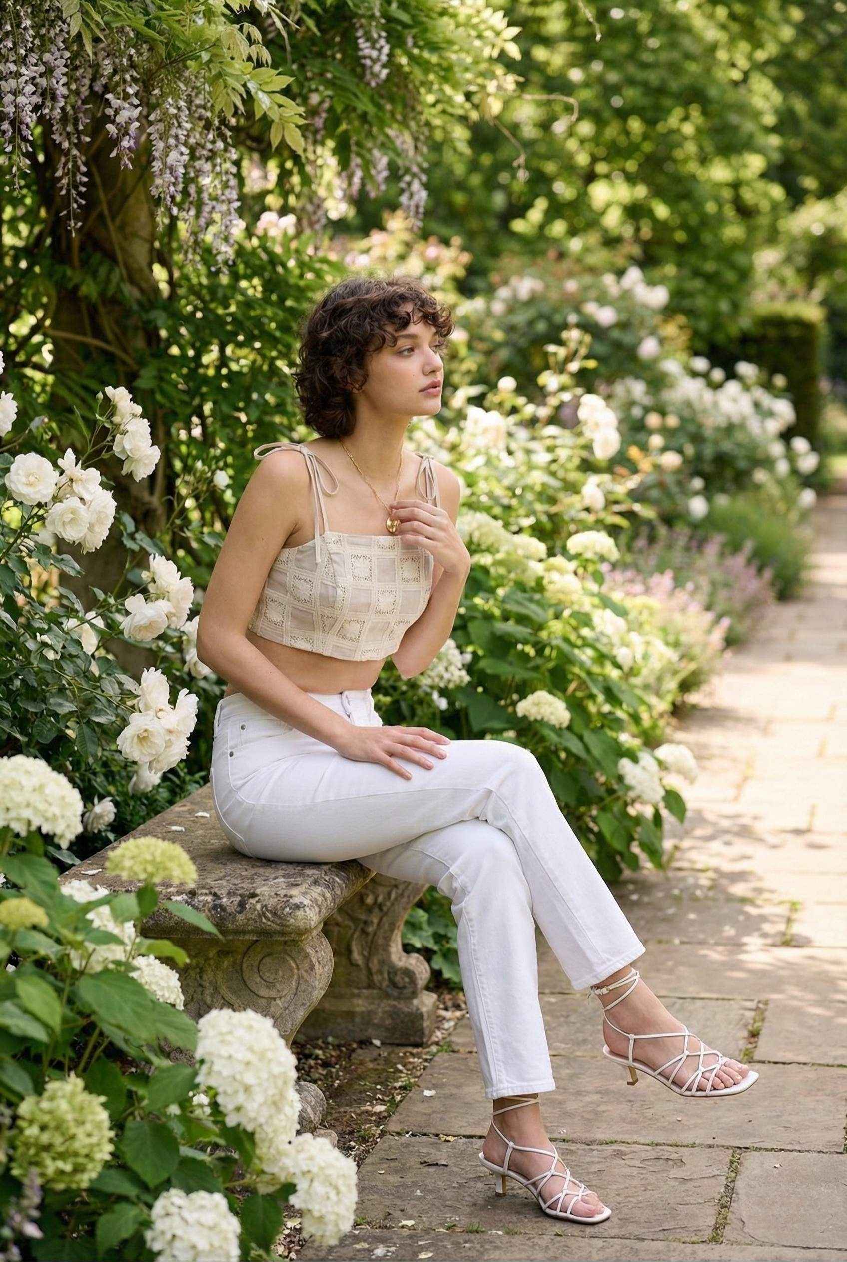 Model wearing Elodie Top in Natural Jacquard Square Neck Cami with Ribbon Tie Straps with jeans and strappy sandals sitting in a luscious flower garden