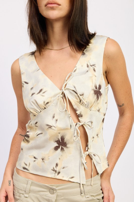 Emory Park sleeveless tie front floral V neck crop top with side ties in beige watercolor print