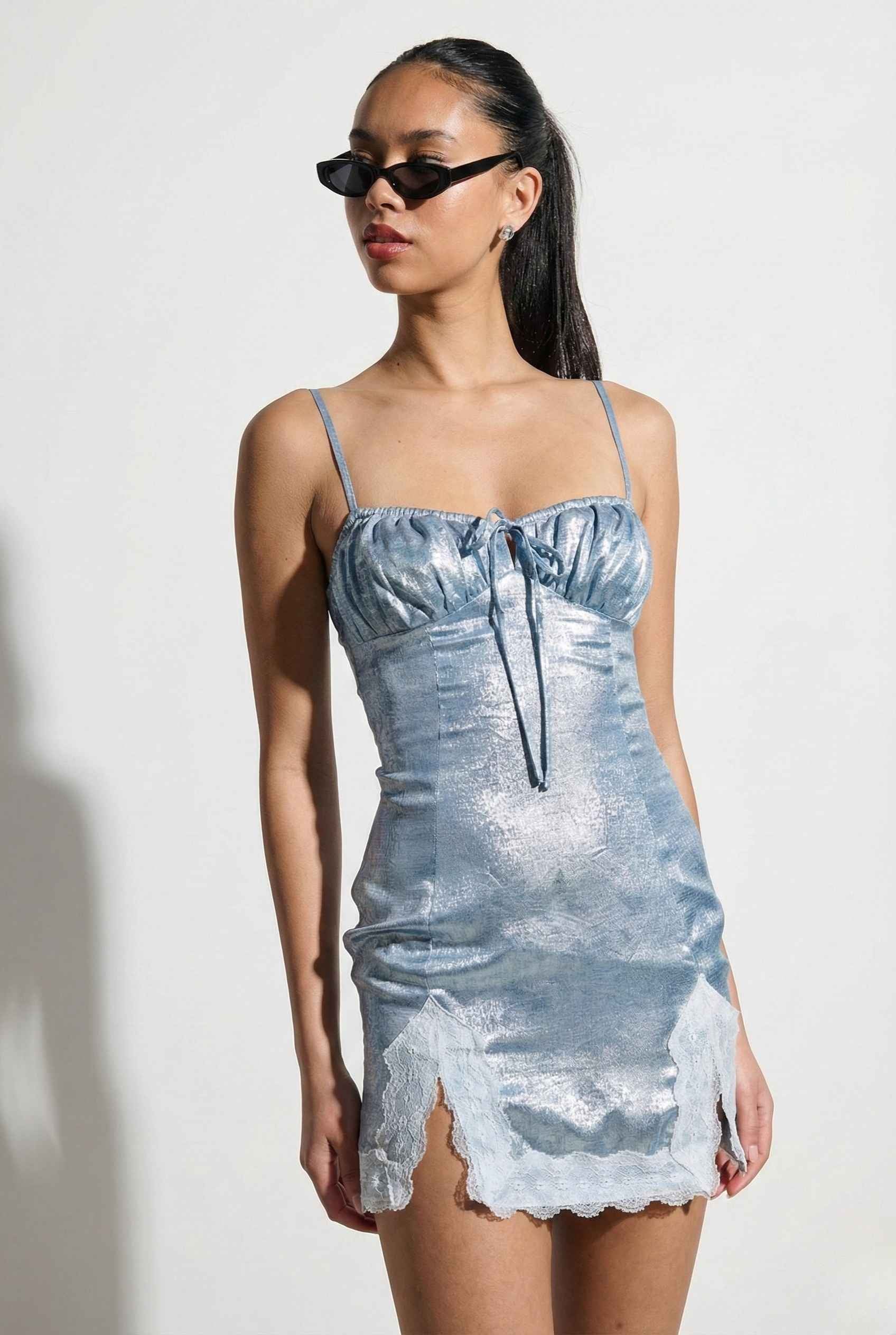 Esme Mini | Blue Satin Lace Hem Dress Light Blue / L Esme Mini | Blue Satin Lace Hem Dress Light Blue / L