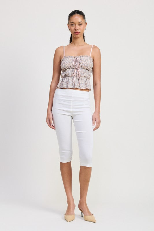 Emory Park Floral Tiered Ruffle Pink Top with thin straps worn with  cropped pants