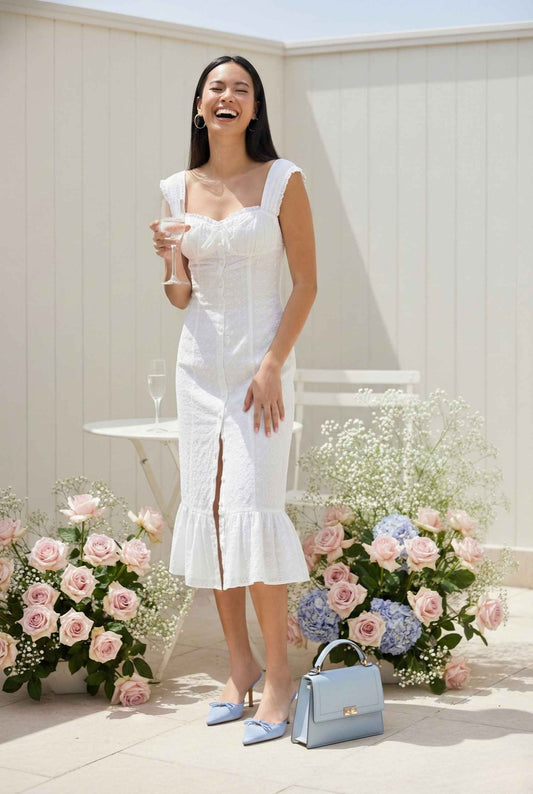 Woman in a Genevieve Midi White Eyelet Cotton Button Dress standing outdoors with flowers and a light blue handbag.