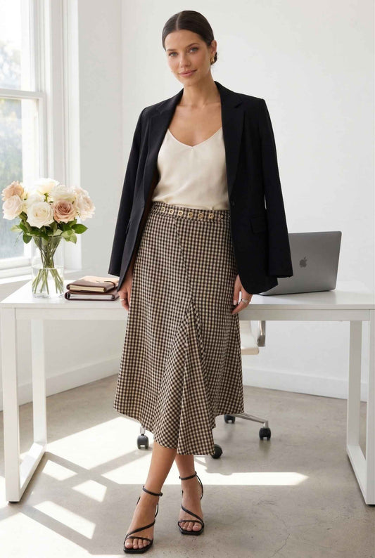 Woman in Hadley Skirt Black Gingham Asymmetrical Midi Skirt with Grommet Waist standing in a bright office setting