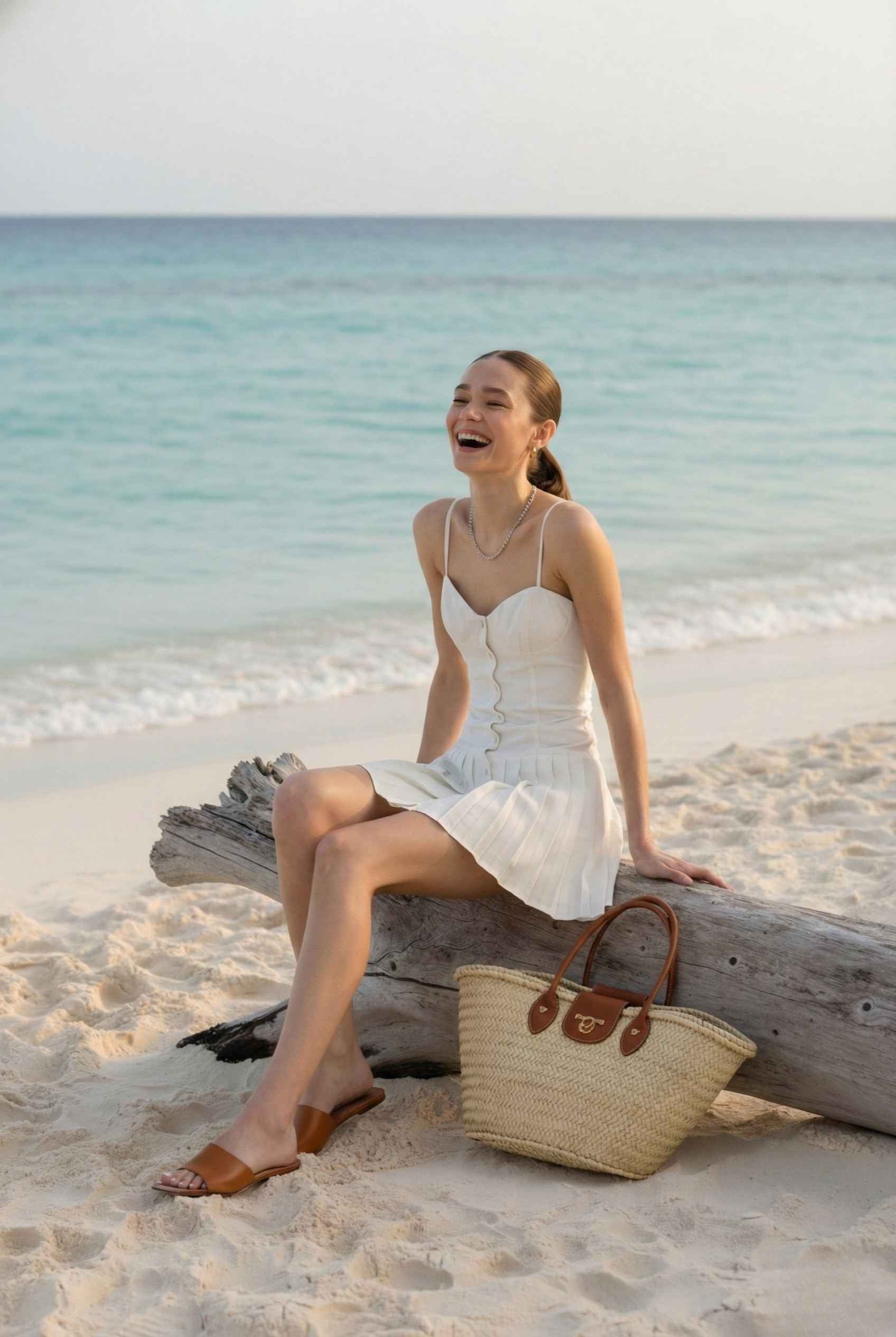 Woman in a Harper Mini White Ruched Strapless Cotton Dress sitting on a log by the ocean with a straw bag beside her.