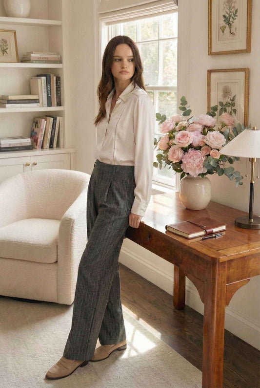 Model wearing Hayden Pants in Grey Pinstripe Wide-Leg Trousers with blouse and loafers standing in feminine home office working professional