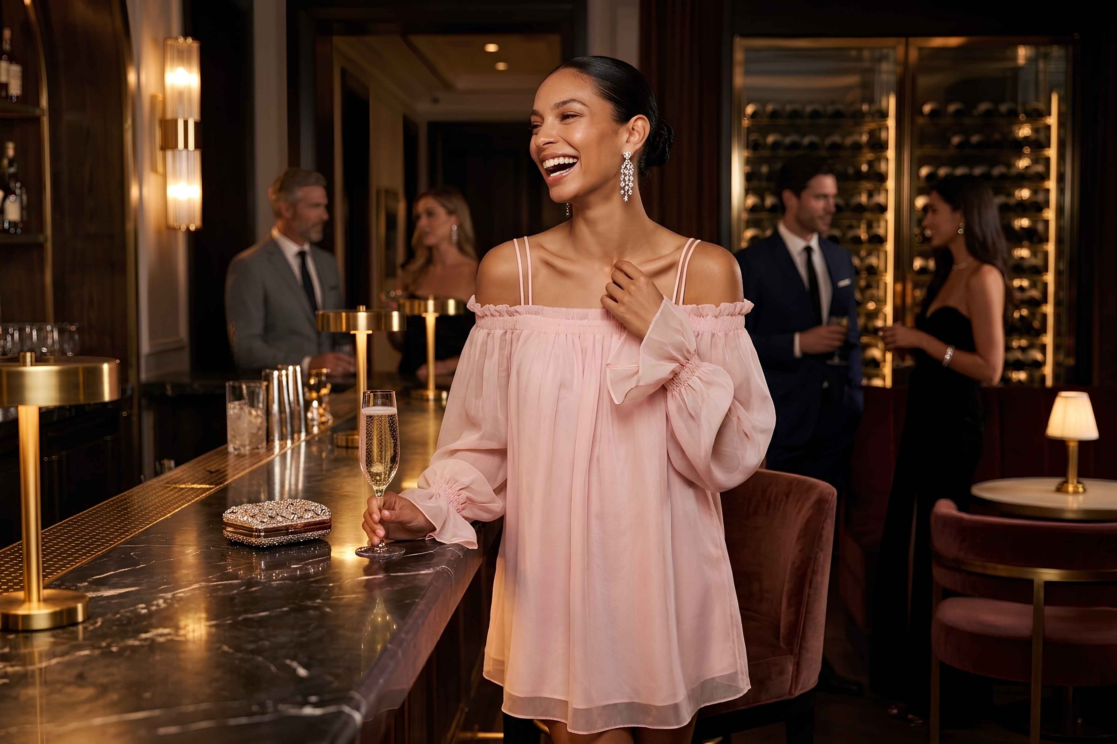 Virtual Model wearing a short pink chiffon dress from Elevate & Adorn standing at a luxury bar