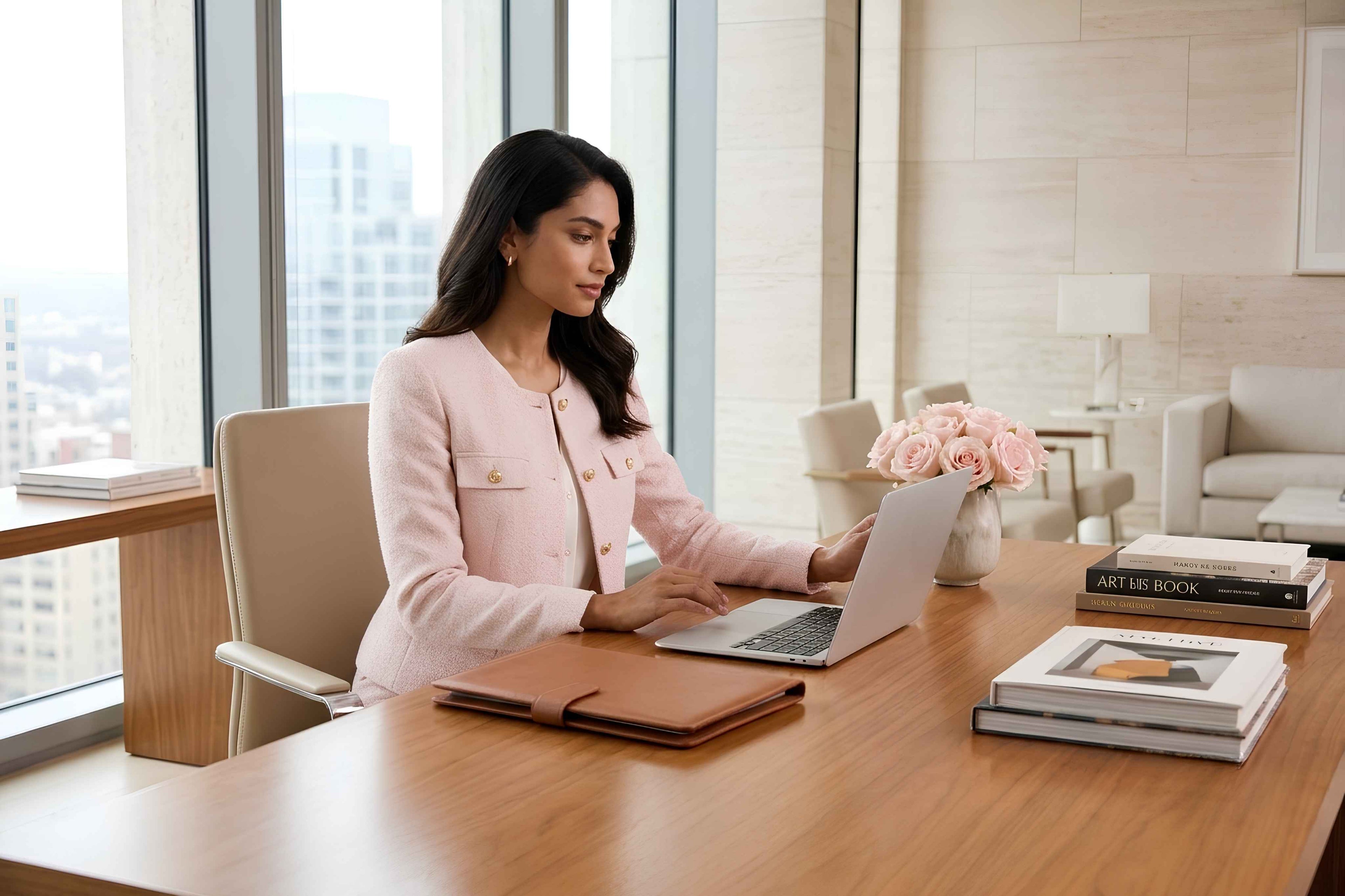 Virtual Model wearing a pink elegant blazer from Elevate & Adorn sitting at her luxury office desk in a high rise building