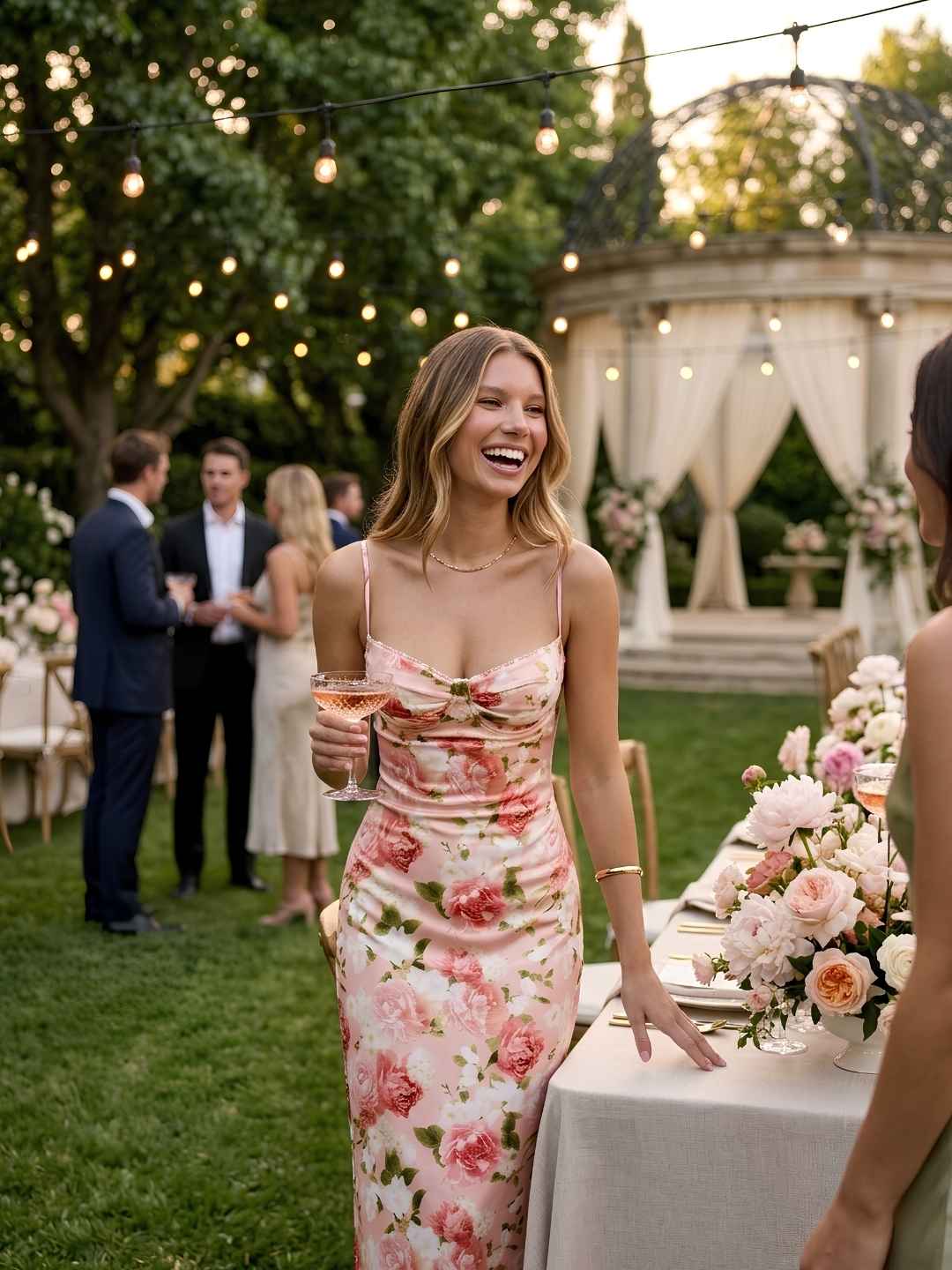 Virtual Model wearing a floral slip satin dress from Elevate & Adorn celebrating a luxury garden wedding