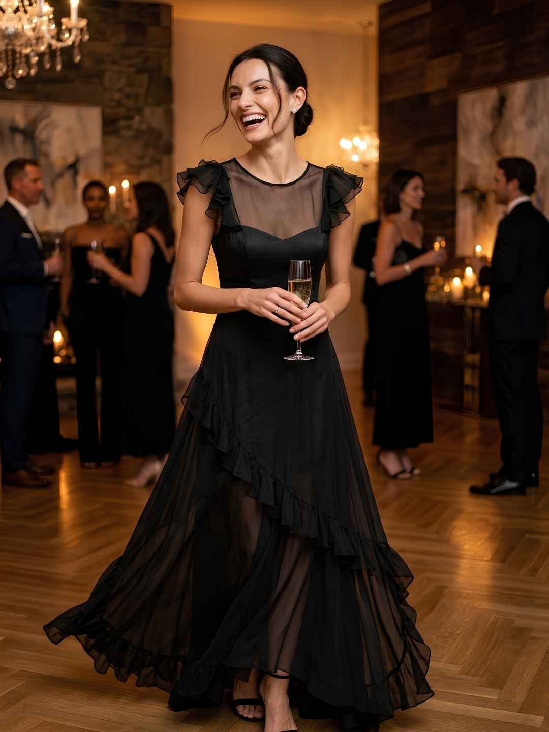 Virtual Model wearing a black ruffle evening gown from Elevate & Adorn at a luxury evening event holding a glass of champagne