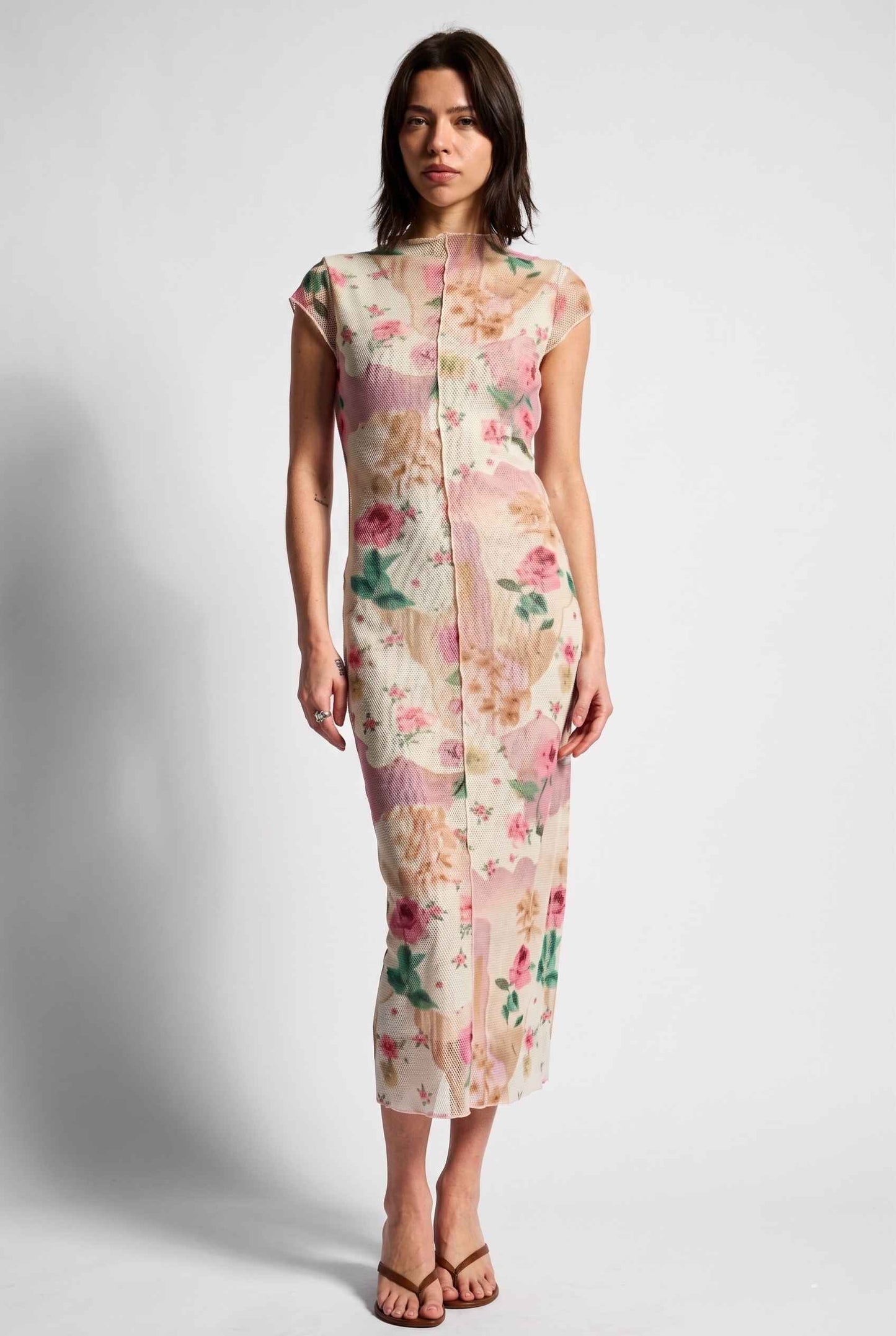 Model wearing Isabella Floral Mesh Midi Dress in Rose Floral Cap Sleeve Column Dress paired with heeled sandals