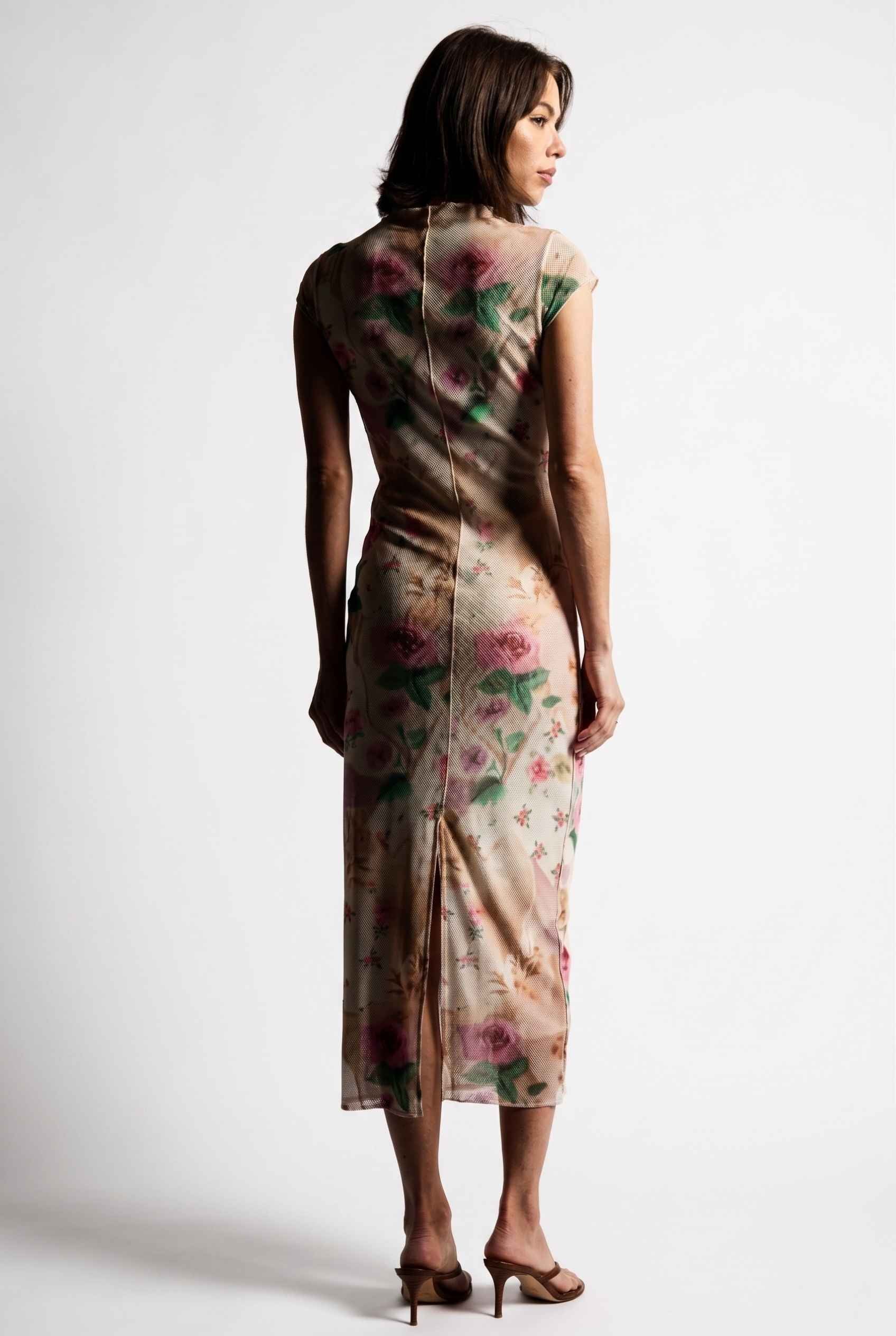 Model wearing Isabella Floral Mesh Midi Dress in Rose Floral Cap Sleeve Column Dress paired with heeled sandals