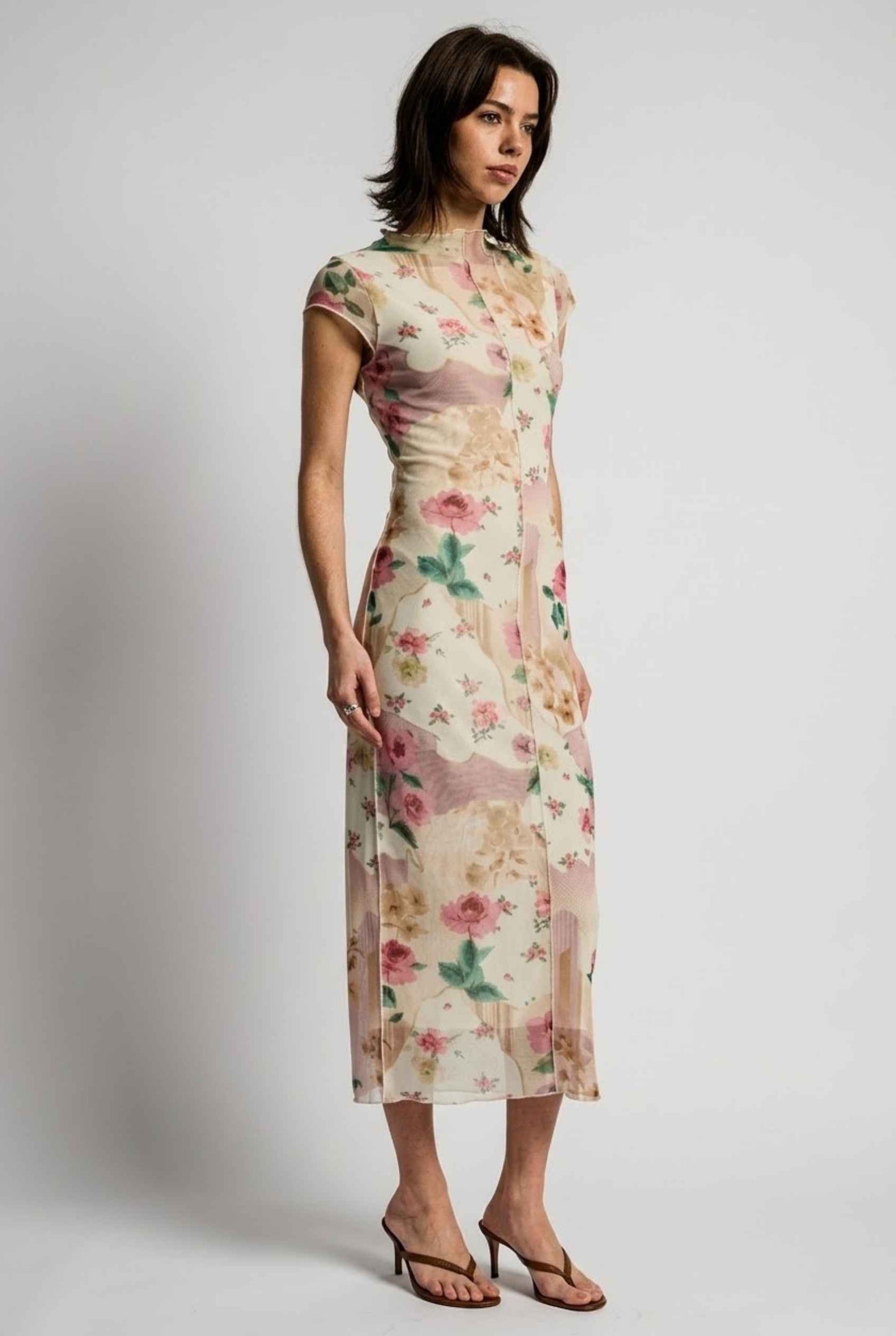 Model wearing Isabella Floral Mesh Midi Dress in Rose Floral Cap Sleeve Column Dress paired with heeled sandals