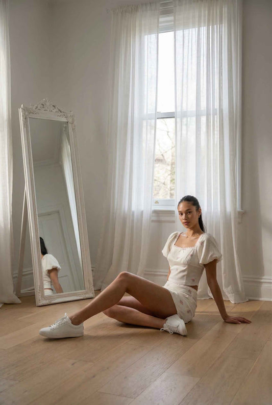Woman in a Isadora Top Ivory Floral Satin Square Neck Blouse sitting on a wooden floor with large windows and a mirror in the background.