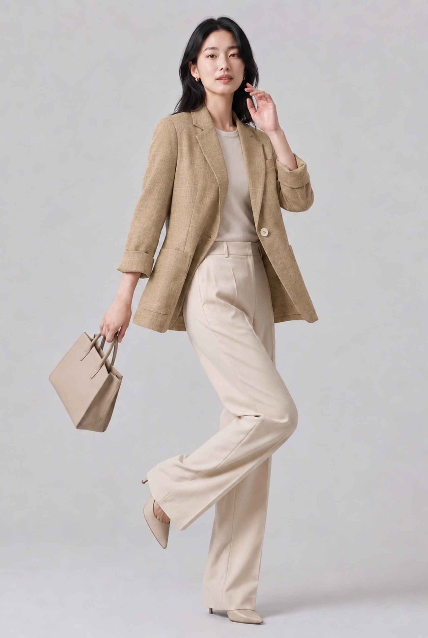 Virtual Model Wearing The Willa Lightweight Blazer Linen-Look Cuffed  Beige Blazer Jacket