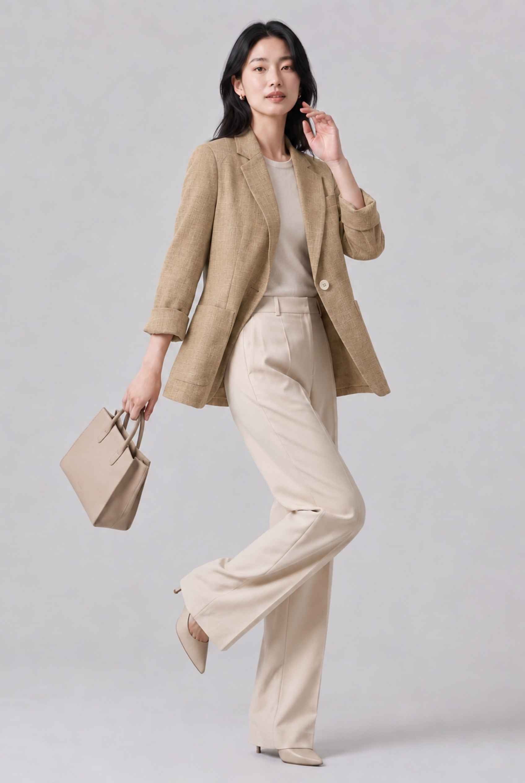 Virtual Model Wearing The Willa Lightweight Blazer Linen-Look Cuffed  Beige Blazer Jacket