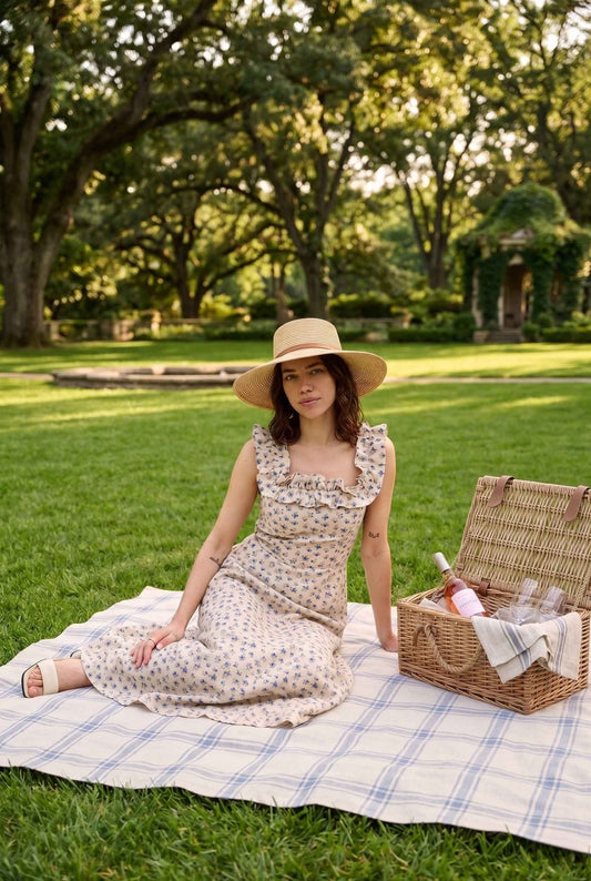 Model wearing Juliette Floral Maxi Dress in Blue Floral Ruffle Neck A-Line Dress with sandals and straw hat sitting on picnic blanket