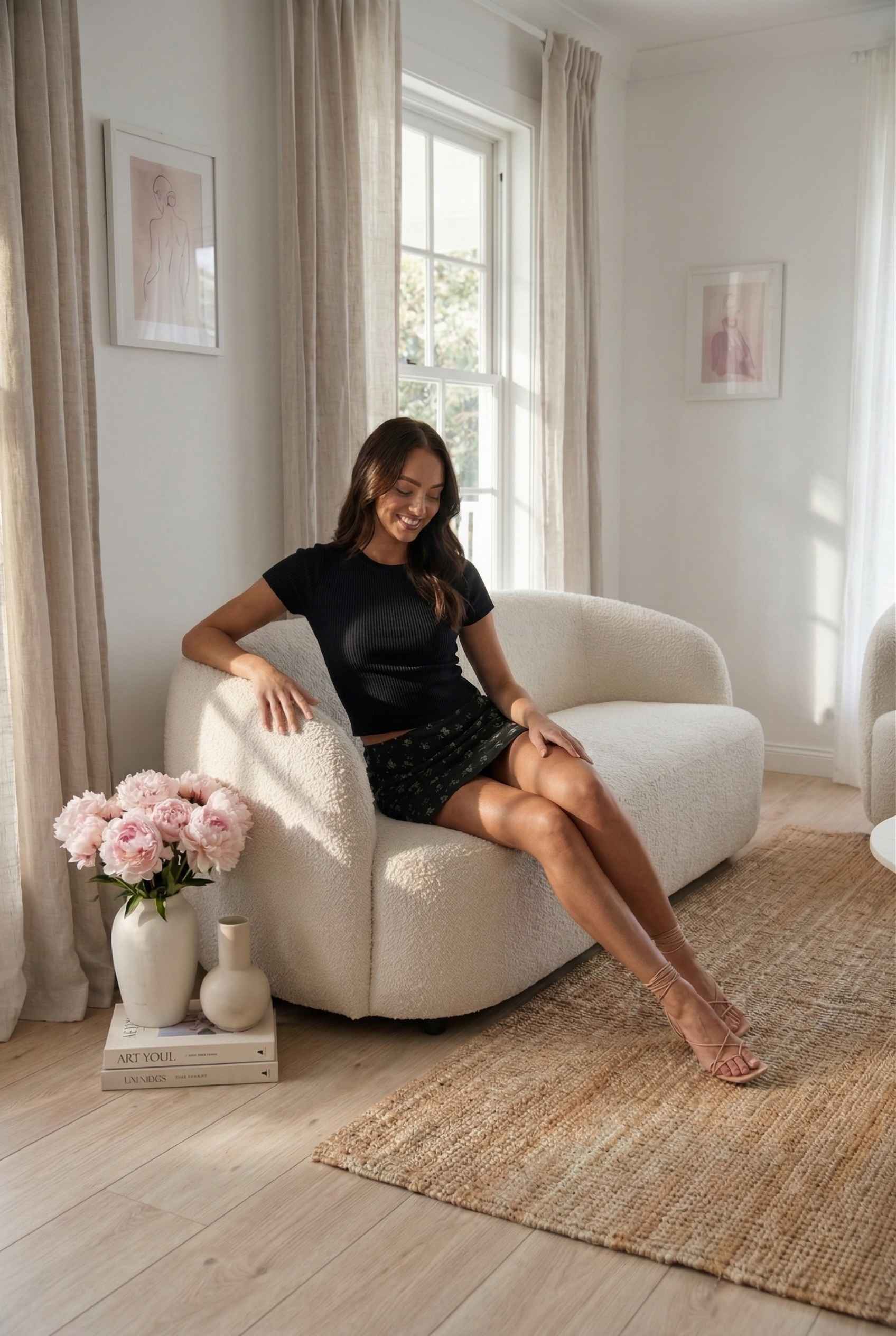 Woman wearing a Kaia Skirt Black Ditsy Floral Stretch Mesh Mini Skirt sitting on a white armchair in a bright room with light decor