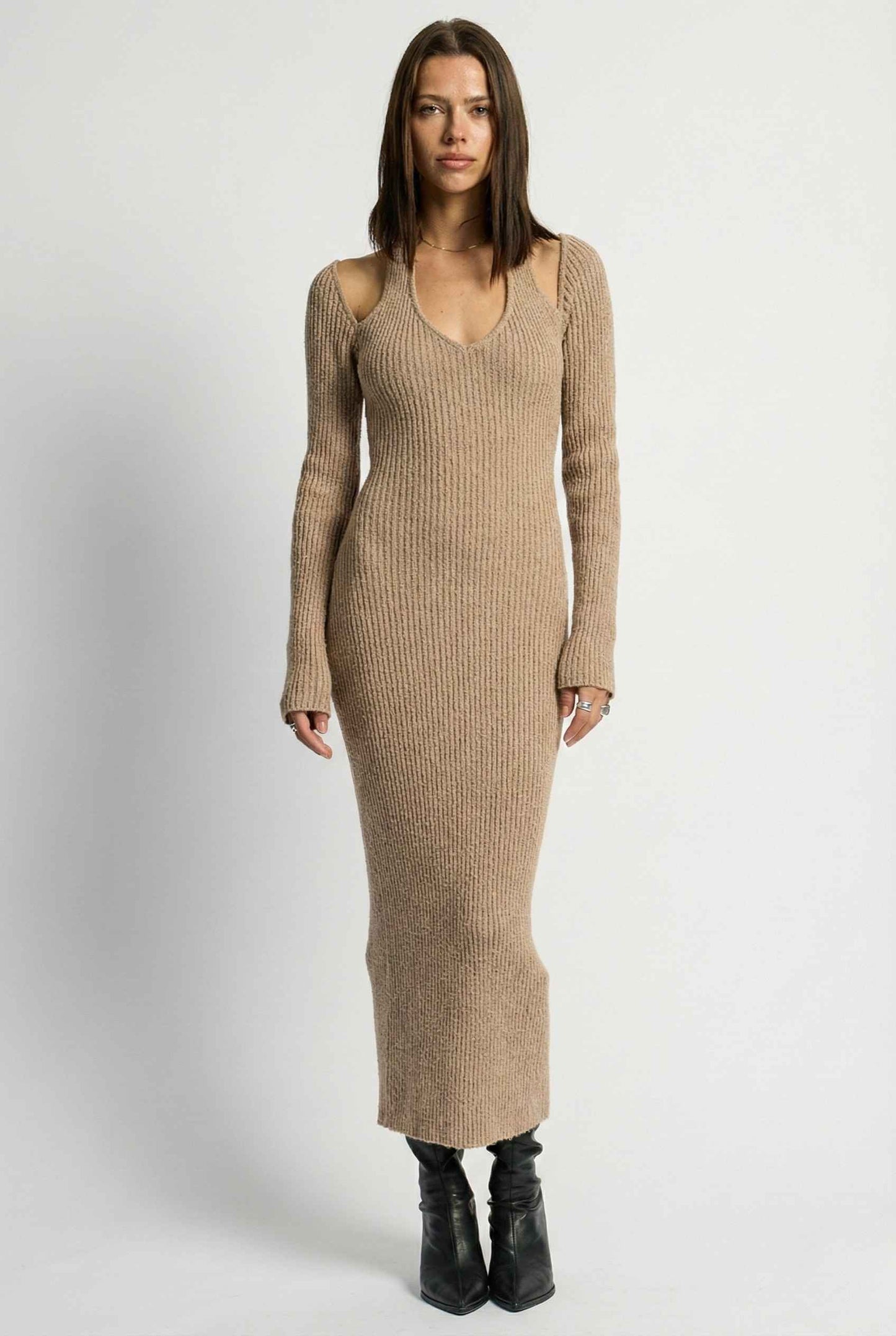 Woman wearing a Keaton Midi Mocha Cutout Shoulder Ribbed Knit Dress on a white background