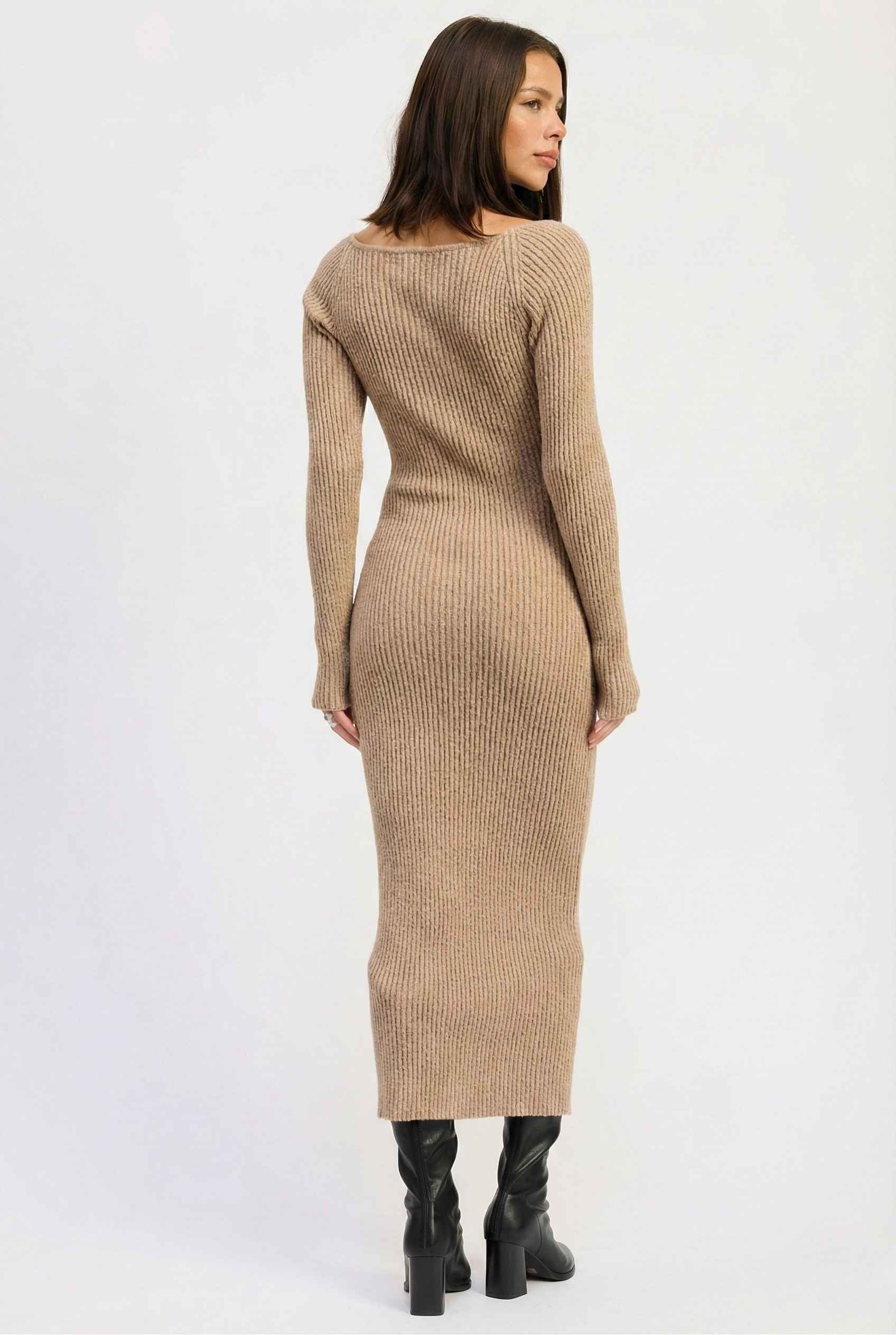 Woman wearing a Keaton Midi Mocha Cutout Shoulder Ribbed Knit Dress on a white background