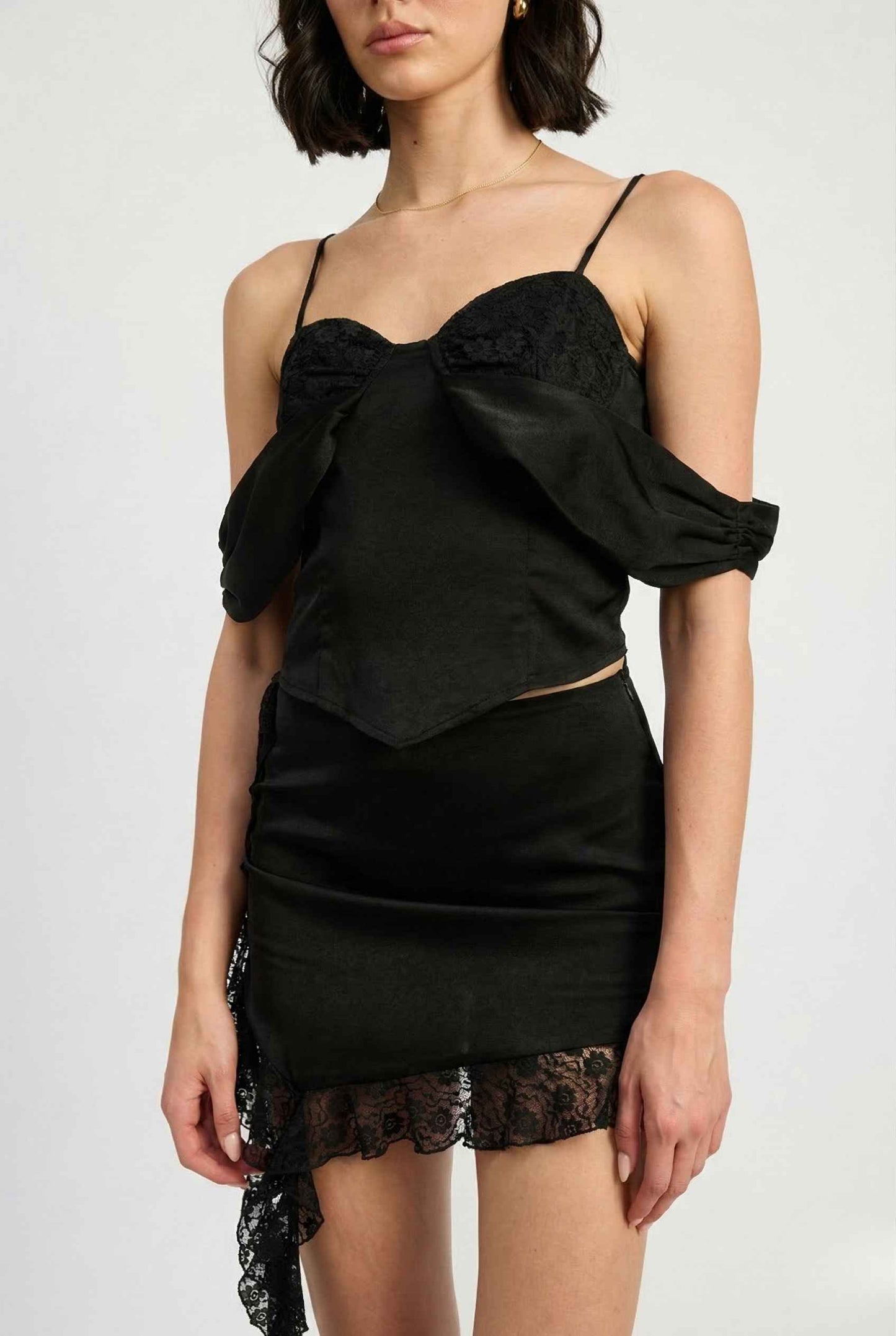 Kiera Top Black Satin Cowl Neck Corset Tank and skirt set on a white background
