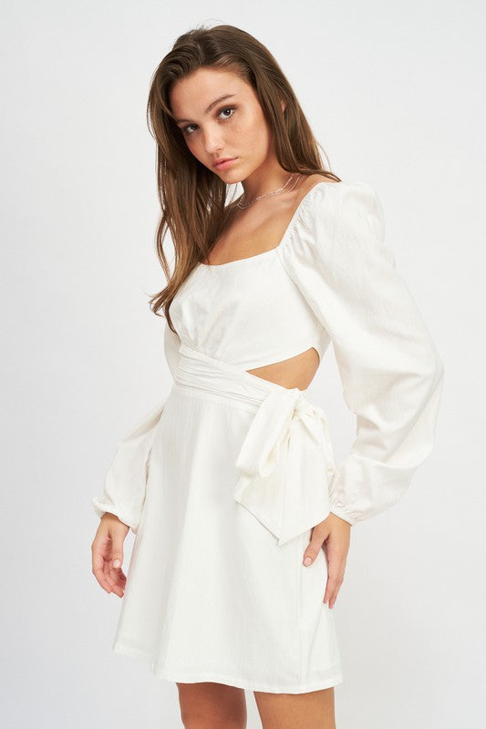 Emory Park Long Sleeve Tie Waist Mini Dress in white with cutout detail and puffed sleeves