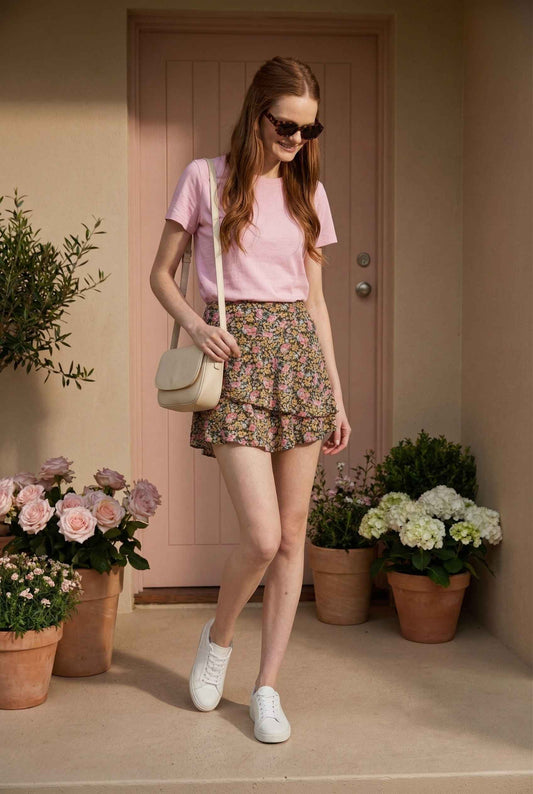 Woman in a pink top and Lyla Skort Black Ditsy Floral Linen-Blend Ruffle Mini Skortstanding in front of a pink door with potted plants.