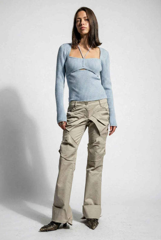 Lyra Top in Blue Square Neck Ribbed Knit Top with Halter Strap Detail paired with cargo pants and pointed toe heels