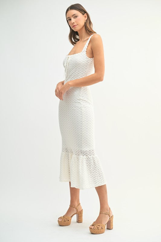 Ruffled Hem Sleeveless Crochet Knit Midi Dress