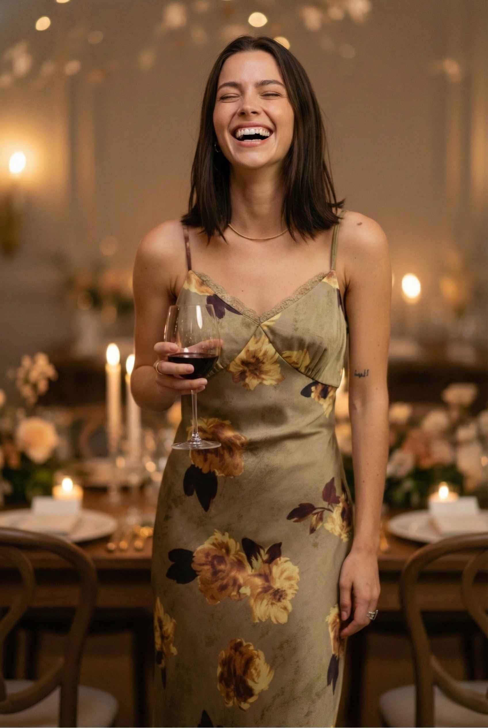 Woman in a Marcella Maxi Olive Floral Satin Slip Dress holding a glass of red wine in a dimly lit dining setting.