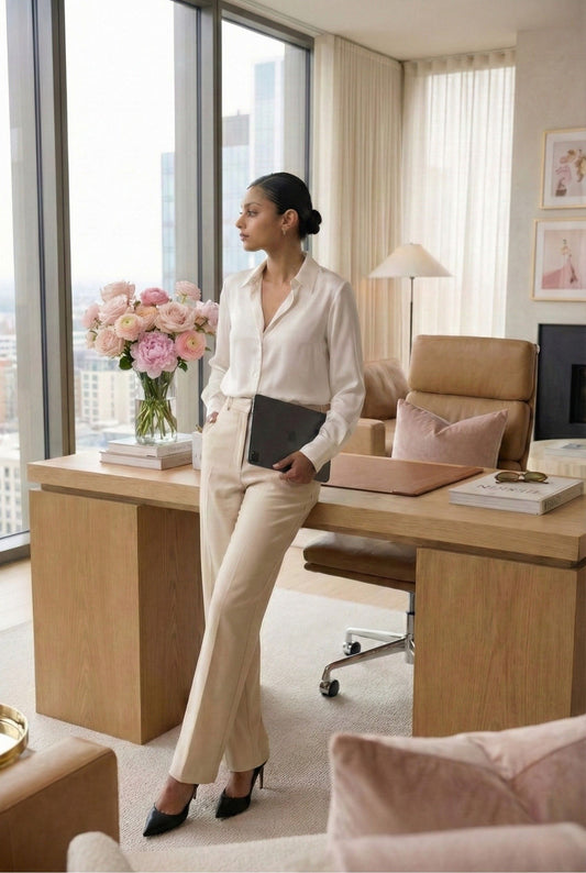 Model wearing Marlowe Pants in Ivory Wide-Leg Trousers with Drawstring Waist with blouse and heels working professional office