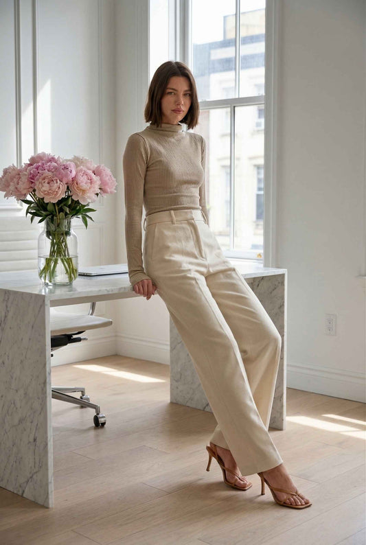 Woman in a Mila Top Beige Sculpted Lycra Long Sleeve Mock Neck sitting at a desk with flowers in a modern office.