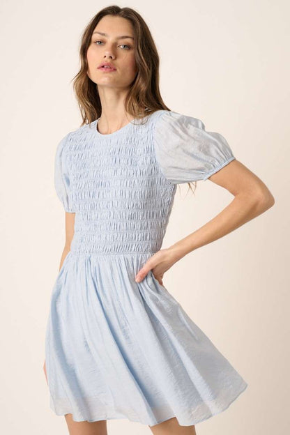 Smocking Detail Puff Sleeve Mini Dress