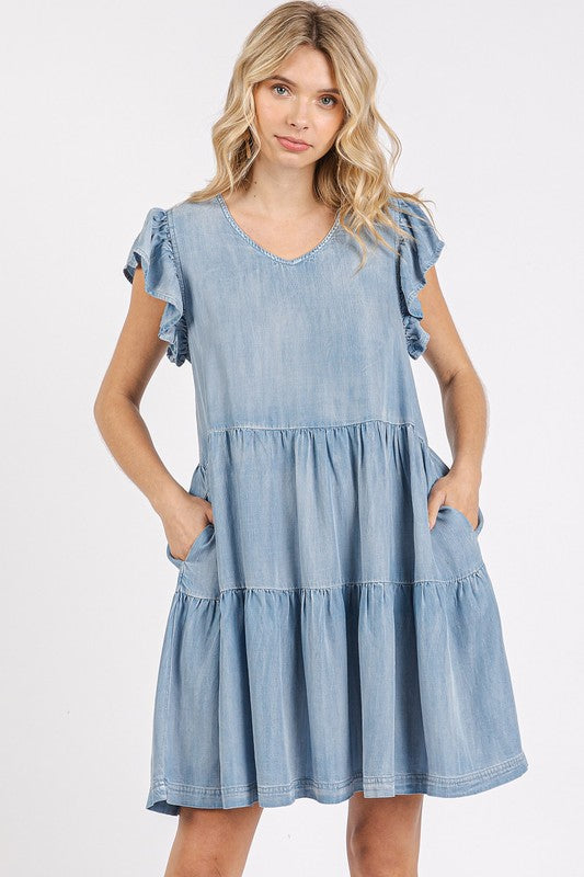 V-Neck Ruffled Cap Sleeve Mini Dress
