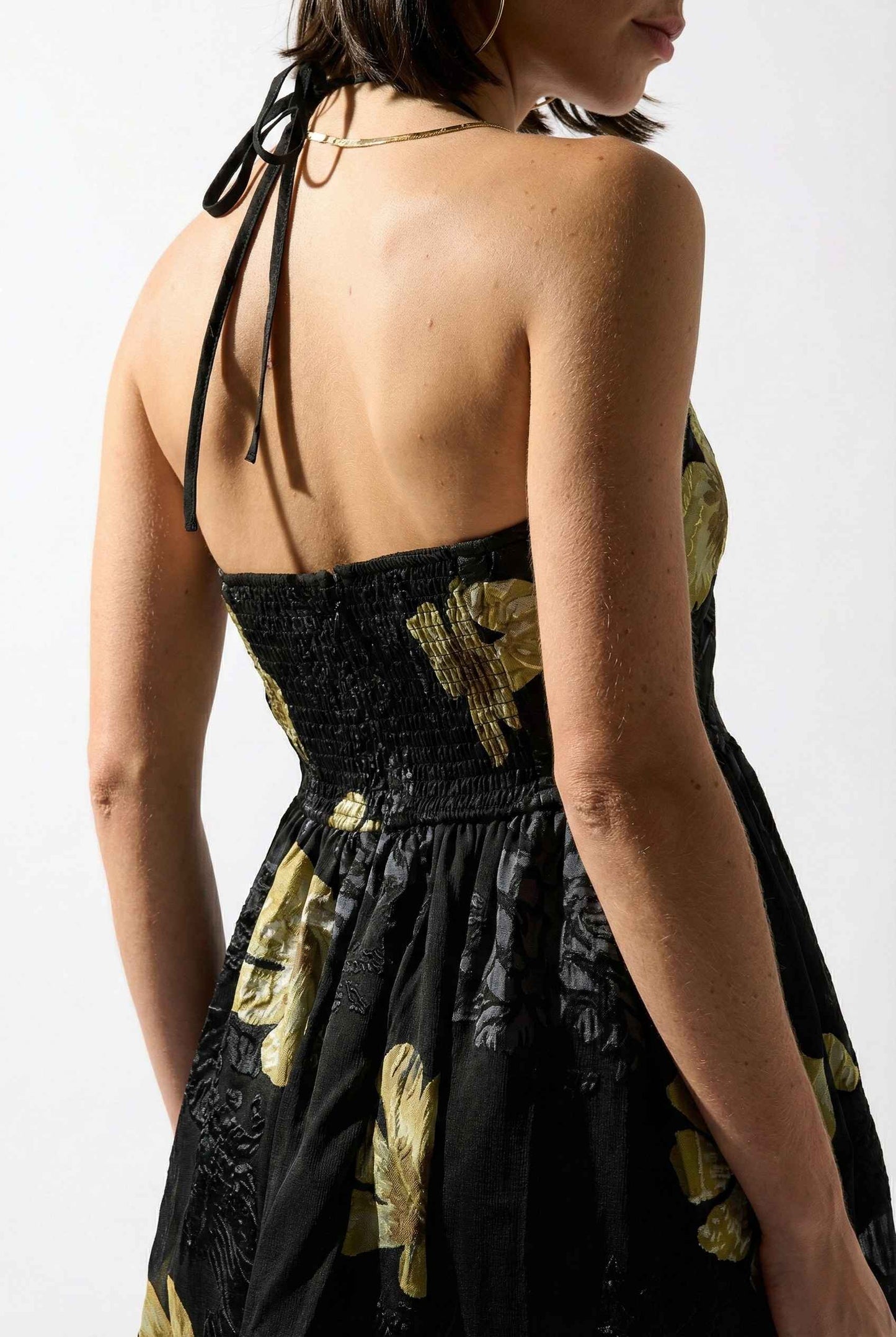 Nina Mini | Black & Gold Floral Halter Dress Black / M Nina Mini | Black & Gold Floral Halter Dress Black / M