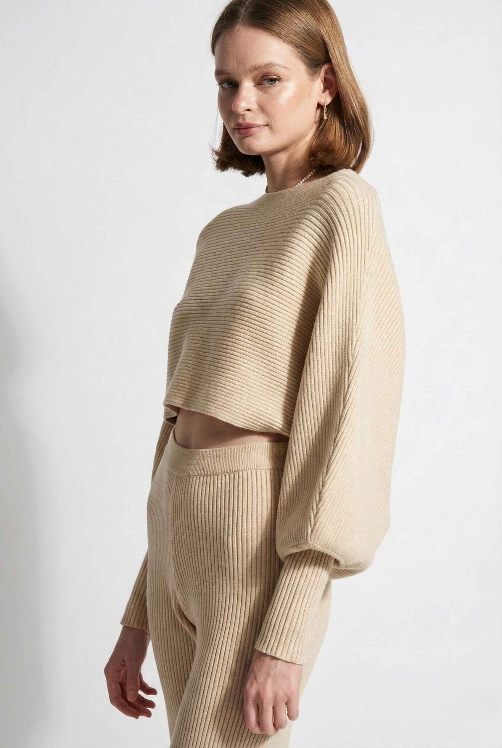 Nova Top | Beige Ribbed Knit Dolman Sleeve Cropped Sweater