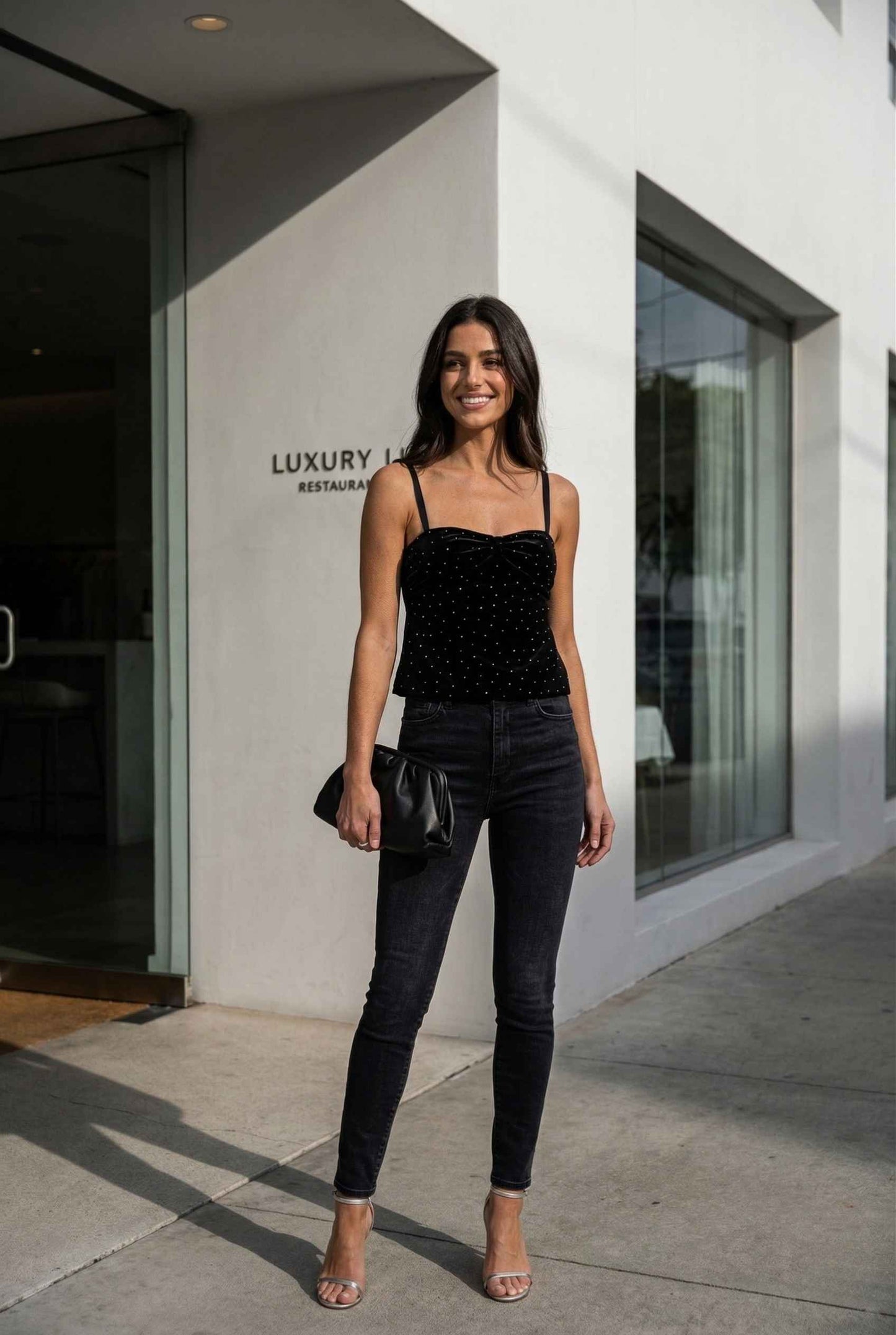Woman in Nova Top Black Velvet Rhinestone Ruched Camisole standing outside a building with 'Luxury' sign.