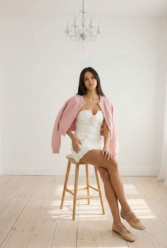 Model wearing Odette Mini in White Denim Strapless Rosette Dress with cardigan and ballet flats posing in feminine room