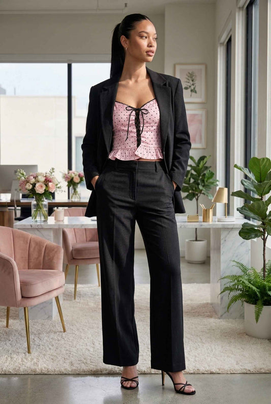 Woman in a Pippa Top Pink & Black Polka Dot Lace Trim Corset standing in a modern living room.