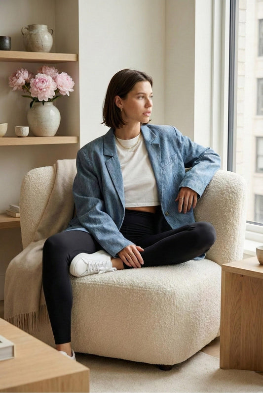 Model wearing The Rowan Oversized Chambray Blazer in Denim with leggings, sneakers and white top sitting in luxury living room