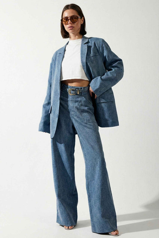 Model wearing Rowan Blazer | Light Blue Denim-Look Oversized Button-Up Blazer with matching pants and t-shirt