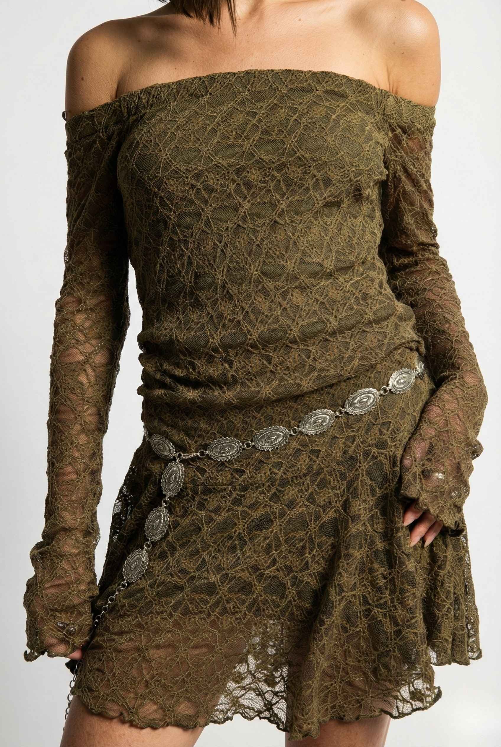 Rowan Mini Olive Lace Off-Shoulder Long Sleeve Dress with long sleeves on a white background