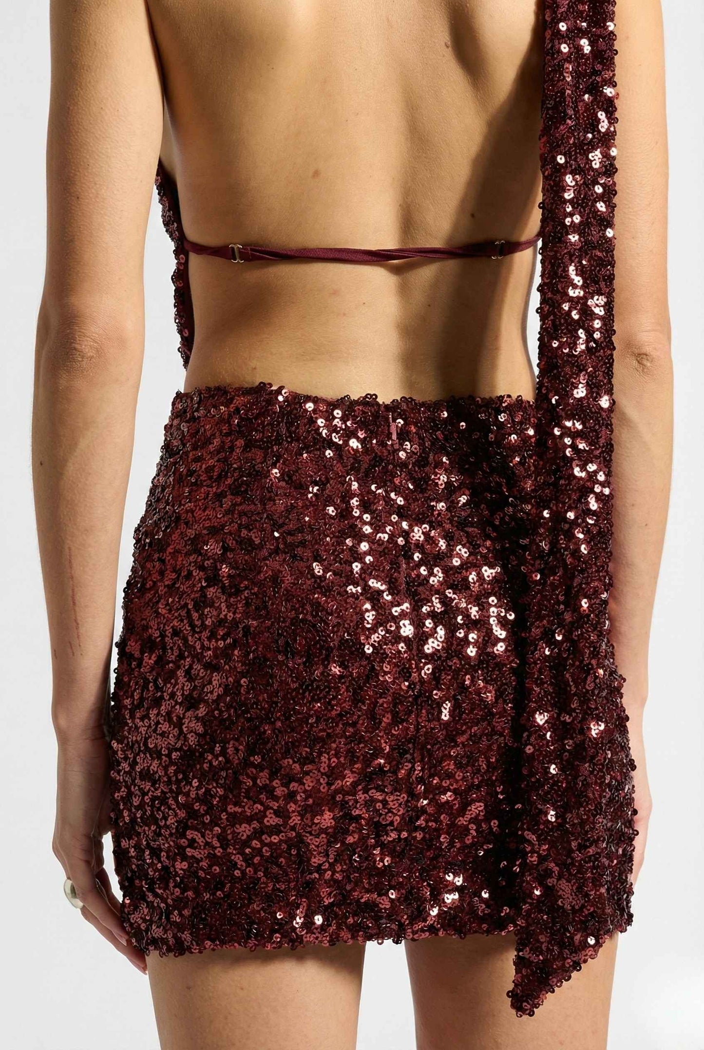 Roxy Mini Cherry Sequin Halter Plunge Dress worn by a person on a white background