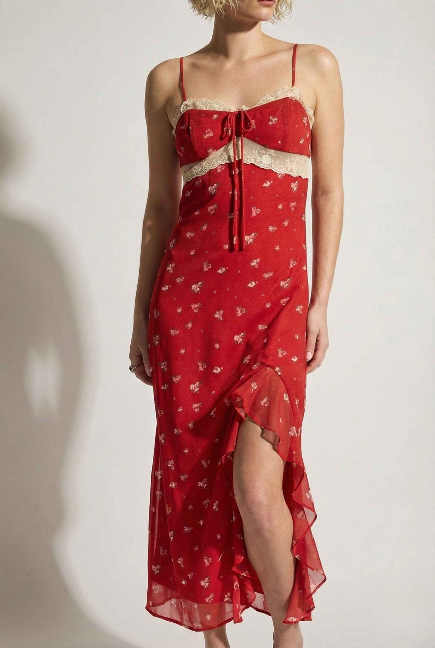 Scarlett Maxi Red Floral Lace Trim Dress worn by a person on a white background