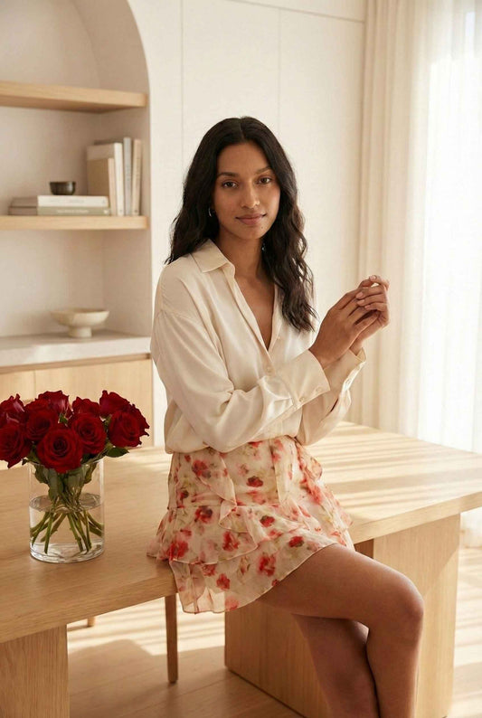 Model wearing Sienna Skirt in Red Floral Layered Ruffle Mini Skirt paired with crisp blouse posing in luxury home office with a vase of florals