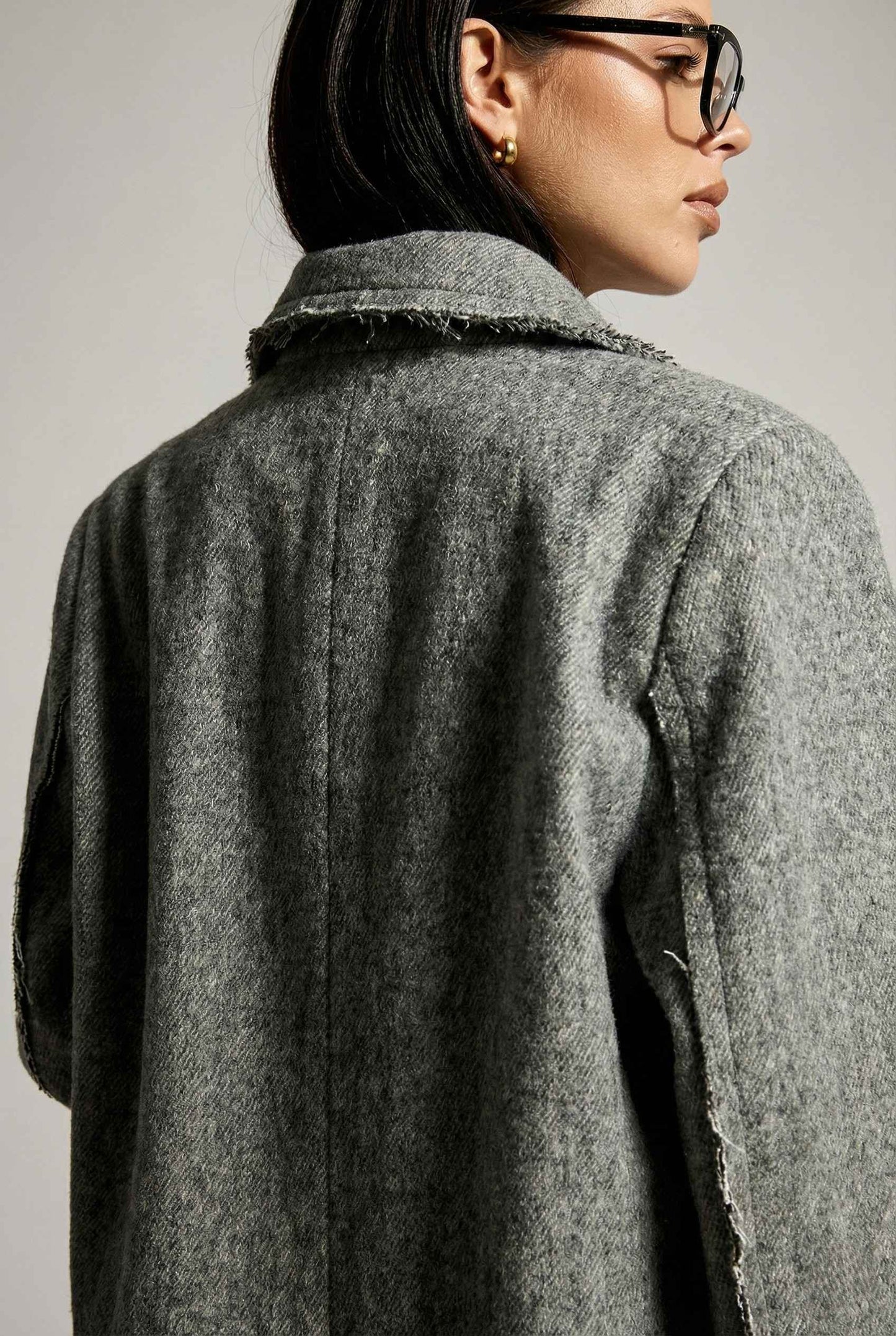 Model wearing The Silas Blazer | Grey Wool-Blend Blazer with Raw Hem Details