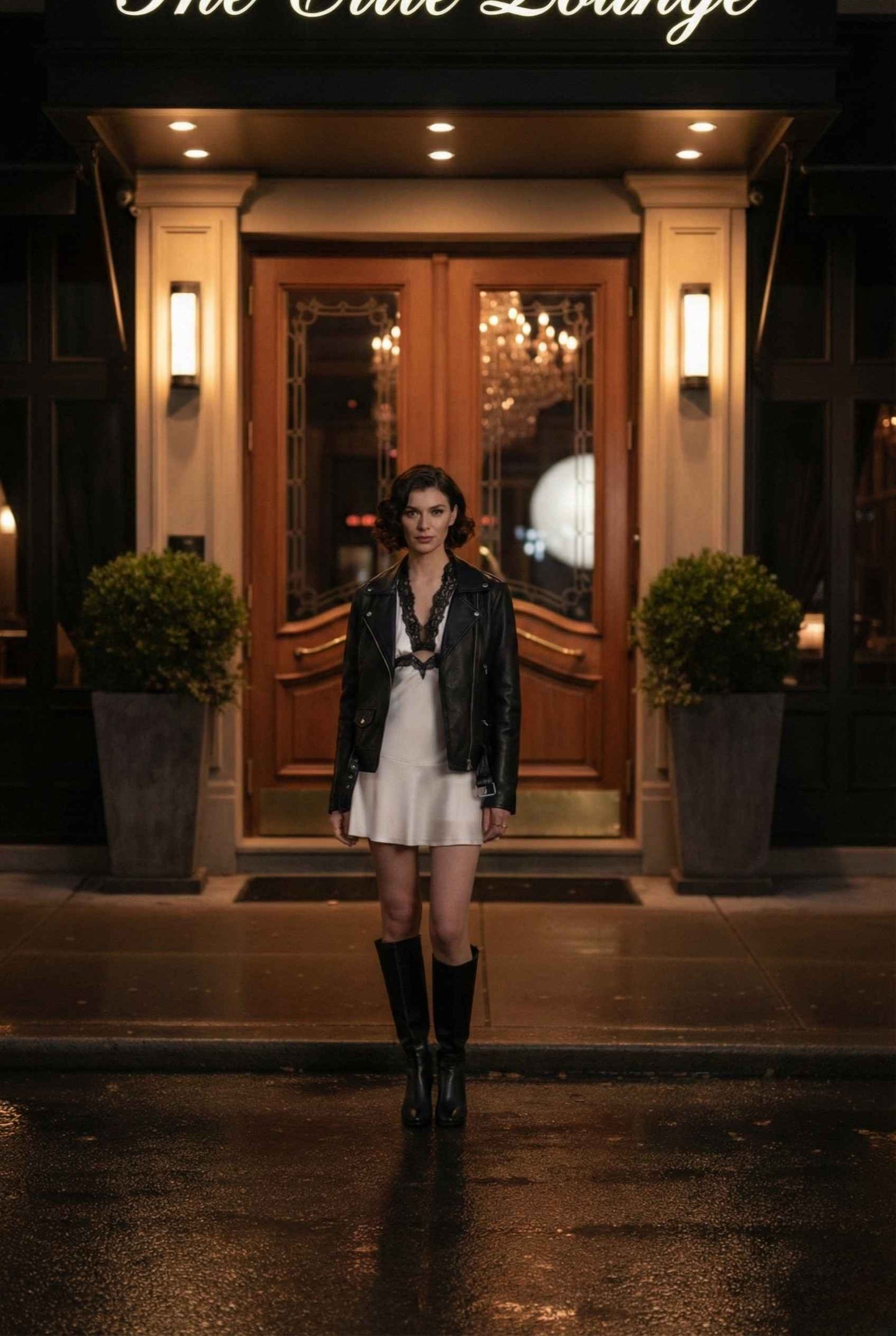 Woman wearing a Simone Mini Ivory Satin Halter Lace Trim Dress standing in front of a door with 'The Cafe Lounge' sign above it.