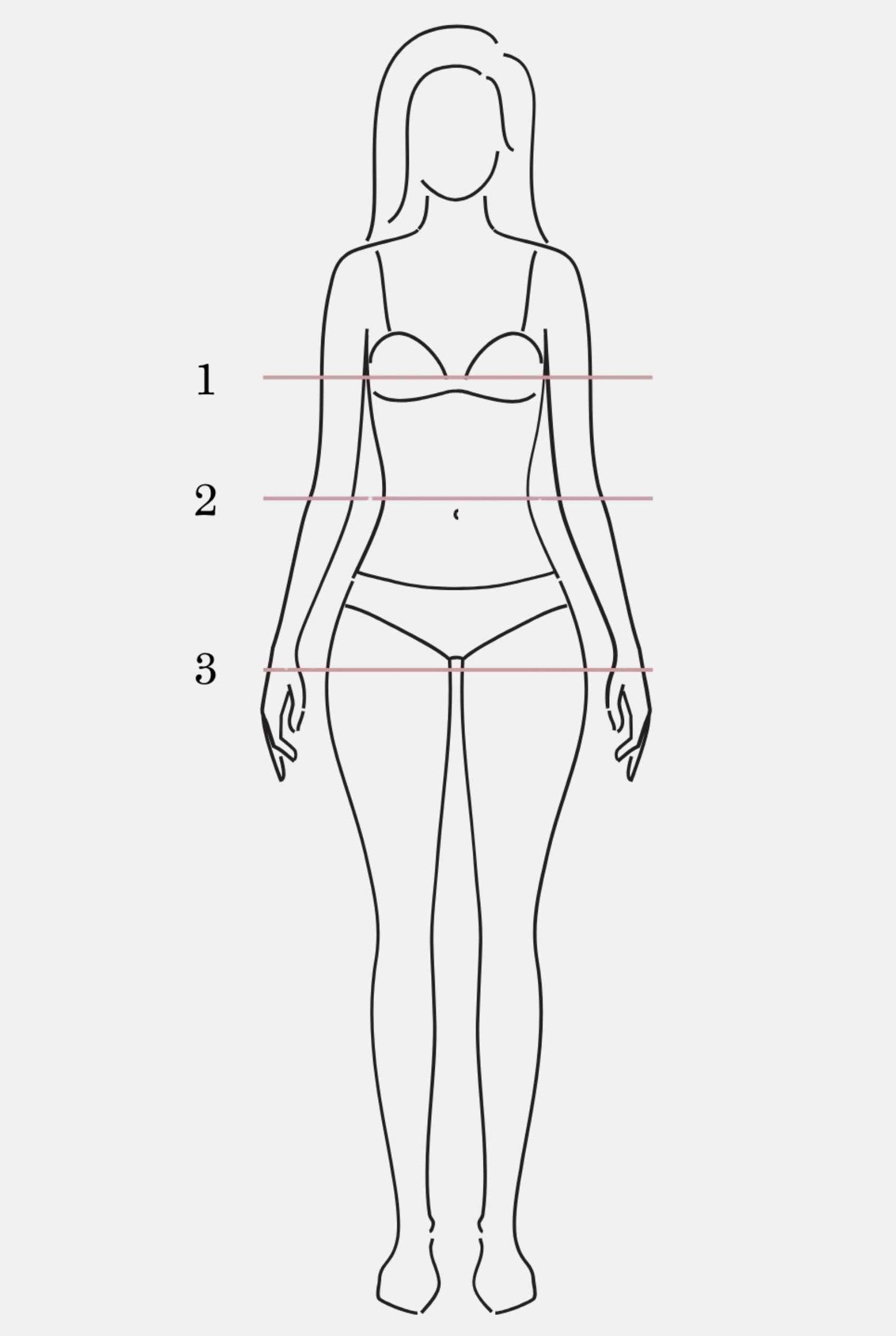 A simple line drawing of a female body silhouette on a light gray background, with three horizontal red measurement lines labeled 1, 2, and 3 indicating sizing or fit points.